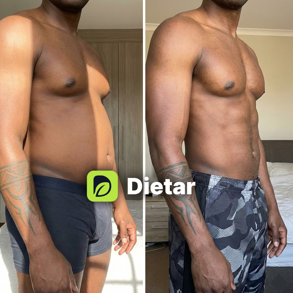 Antes e depois de Pedro, mostrando evolução física