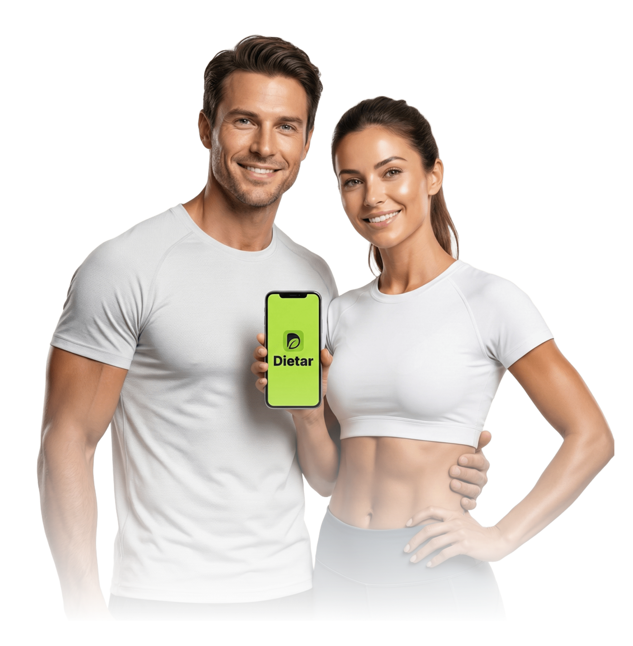 Interface do aplicativo Dietar mostrando prato de comida saudável e métricas